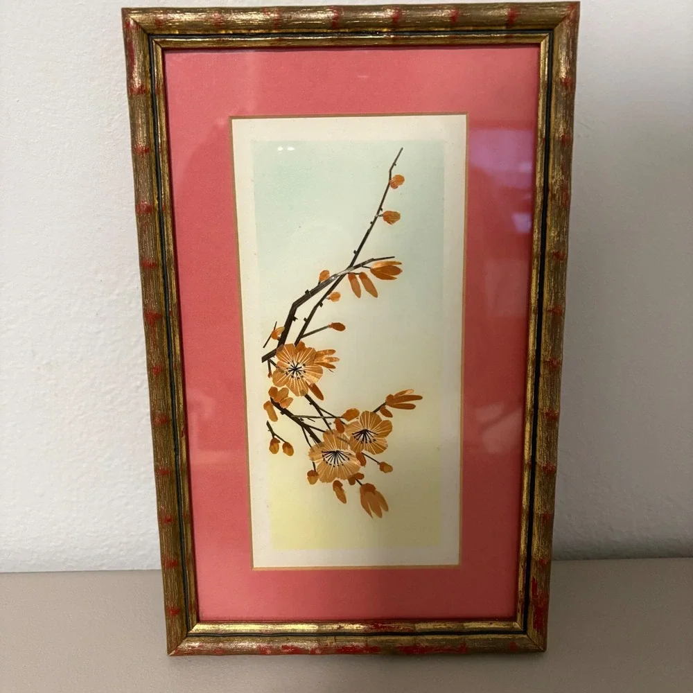 Framed Artwork Chinese Wheat Straw Cherry Blossom Branch Print Coral‎ Mat Gold